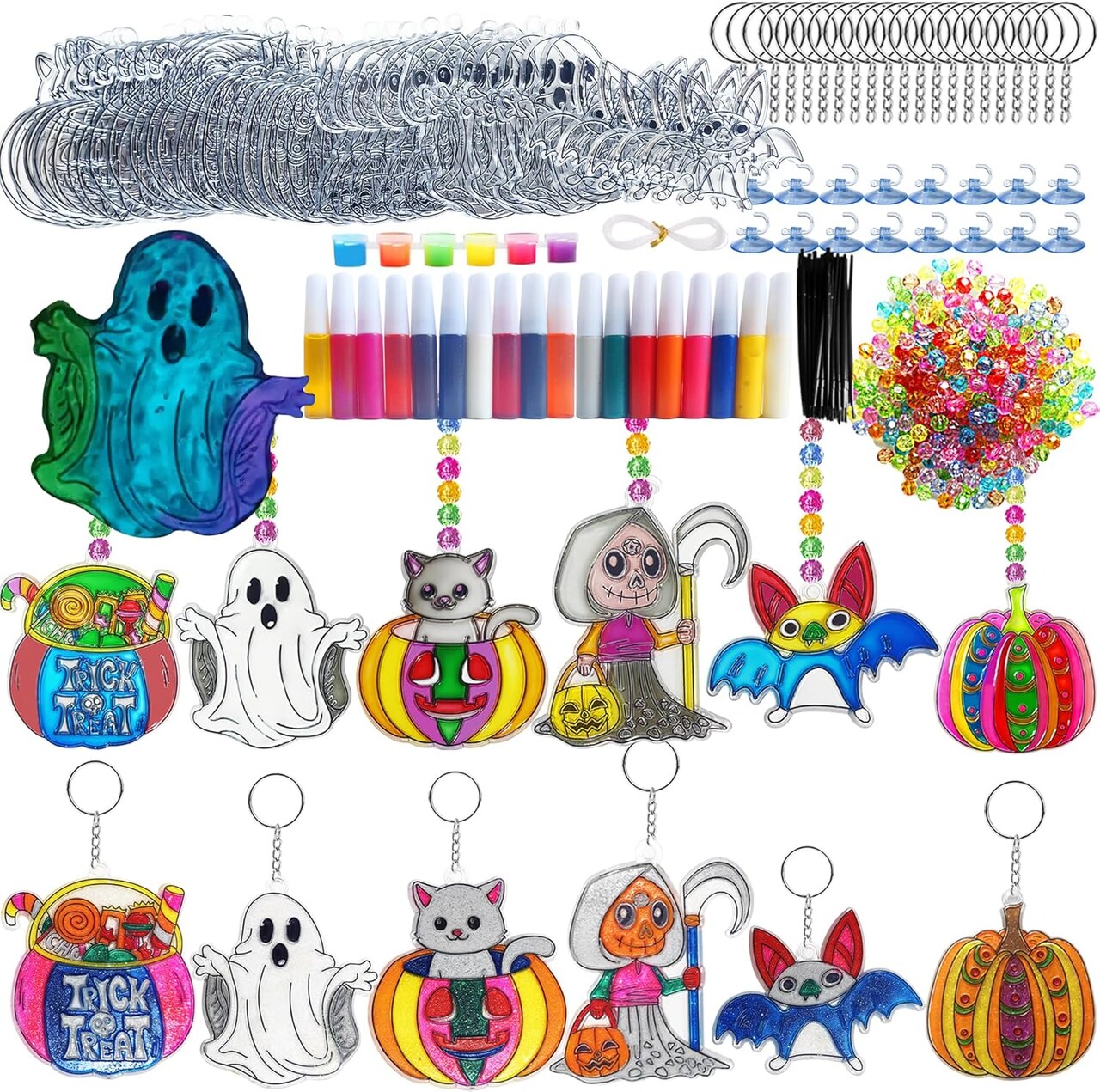 30 Set Halloween Suncatcher Craft Kit – DIY Window Paint Keychain Set with Pumpkins, Ghosts, Bats & Witch Designs – Includes Paints, Brushes, Beads & Hooks – Halloween Arts & Crafts Activity for Kids